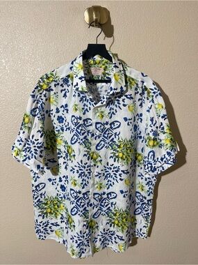 Men's Short-Sleeve Lemon Print Button-Down Shirt - White/Blue/Yellow